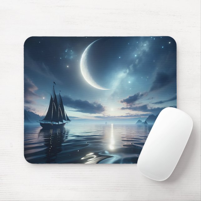 Sailboat Sailing on Moonlit Water Mouse Mat (With Mouse)