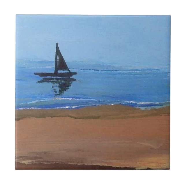 Sailboat Sailing Reflections Ocean Beach Art Tile (Front)