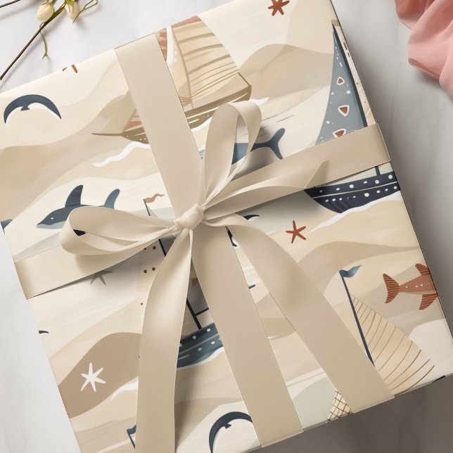 Sailboat Seamless Pattern | Neutral Tones Kids Wrapping Paper (Creator Uploaded)
