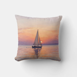 Sailboat Sunset Watercolor Seascape Cushion