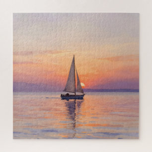 Sailboat Sunset Watercolor Seascape Jigsaw Puzzle