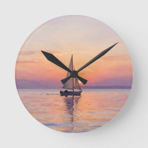 Sailboat Sunset Watercolor Seascape Round Clock