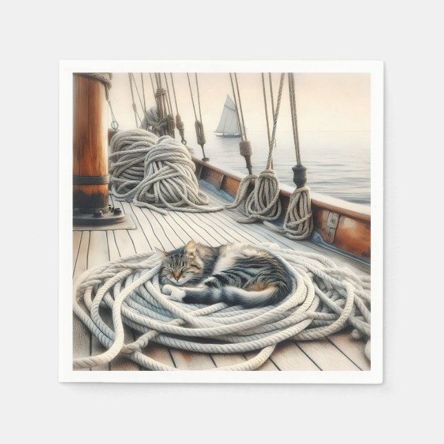 Sailboat Tabby Cat Sleeping On Ropes Napkin (Front)