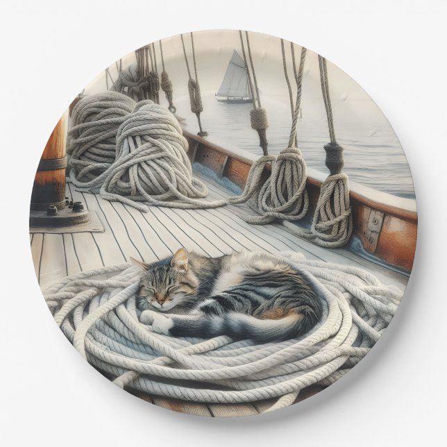 Sailboat Tabby Cat Sleeping On Ropes Paper Plate (Front)