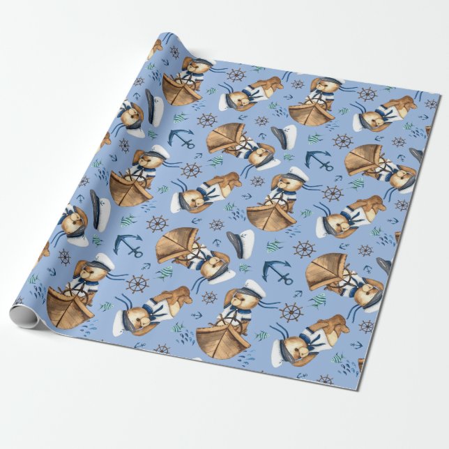 Sailboat Teddy Bears Wrapping Paper (Unrolled)