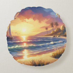 Sailboat Tropical Beach Sunset Art Round Cushion