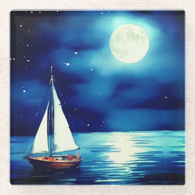 Sailboat Under a Full Moon  Glass Coaster (Front)