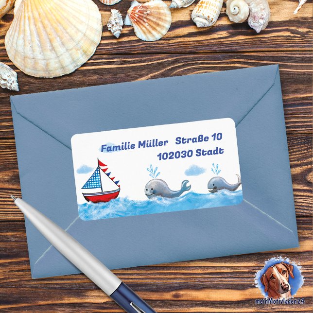 Sailboat & Wale - hand painting | maritime Label (maritimer Adressaufkleber mit Segelboot und Walen, Motiv liebevoll mit Acrylfarben handgemalt)