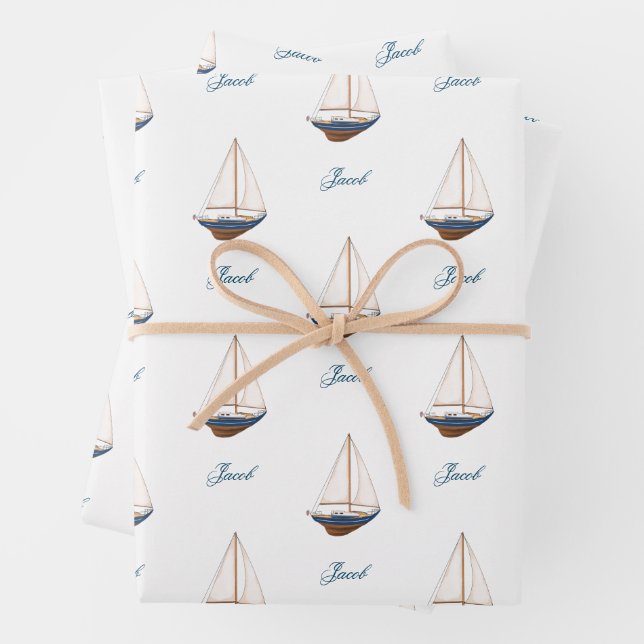 Sailboat Wedding Nautical Birthday Baby Shower Wrapping Paper Sheet (In situ)