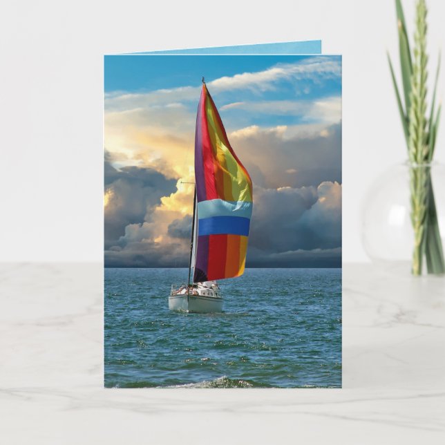 sailboat with rainbow spinnaker on water card (Front)