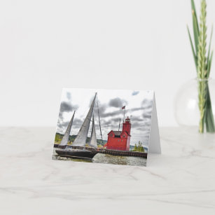 sailboat with red lighthouse card