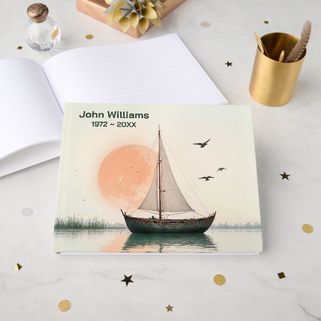 Sailboat With Seagulls For Memorial Service Guest Book (Front Open)