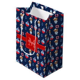 Sailboats and Bears Pattern Monogrammed Medium Gift Bag