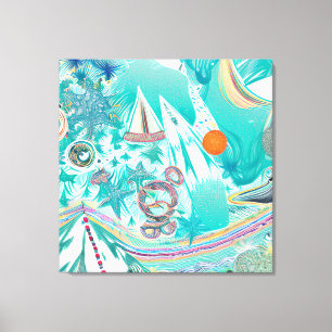 Sailboats and Sea Creatures Abstract Beachy Art Canvas Print