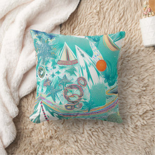 Sailboats and Sea Creatures Abstract Beachy Art Cushion