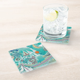 Sailboats and Sea Creatures Abstract Beachy Art Glass Coaster