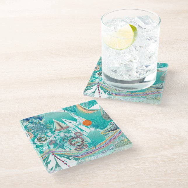 Sailboats and Sea Creatures Abstract Beachy Art Glass Coaster (Angled)