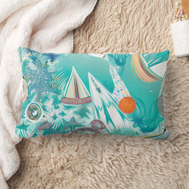 Sailboats and Sea Creatures Abstract Beachy Art Lumbar Cushion (Blanket)