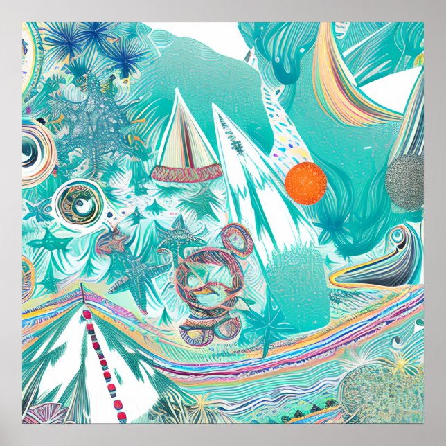 Sailboats and Sea Creatures Abstract Beachy Art Poster (Front)