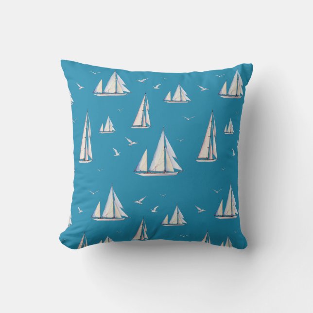 Sailboats and Seagulls on Aqua Cushion (Front)