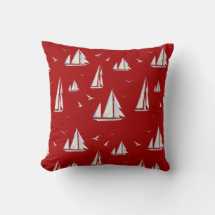 Sailboats and Seagulls on Red Cushion