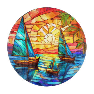 sailboats and sunsets stained glass art cutting board