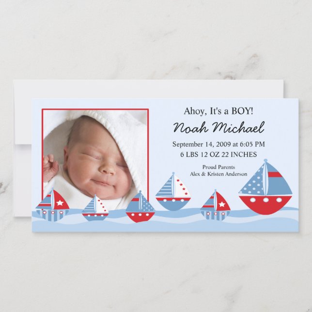 Sailboats Baby Boy Birth Annoucement Announcement (Front)