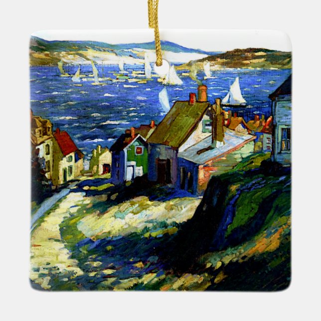 Sailboats by the Harbour Ceramic Ornament (Front)