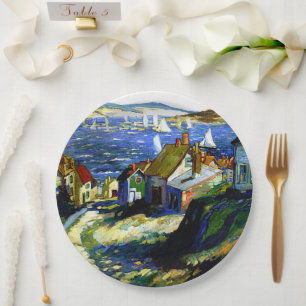 Sailboats by the Harbour, fine art painting Paper Plate