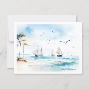 Sailboats in calm sea postcard