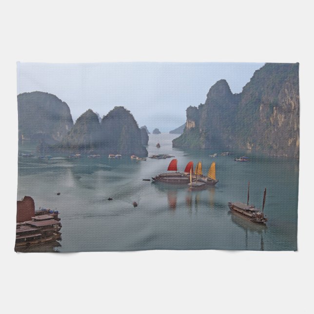 Sailboats in Ha Long Bay - Vietnam, Asia Tea Towel (Horizontal)