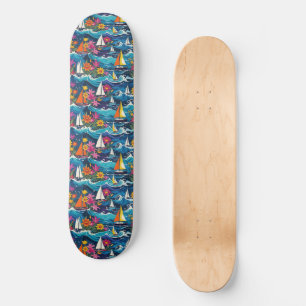 Sailboats in Ocean Waves Tropical Floral Skateboard