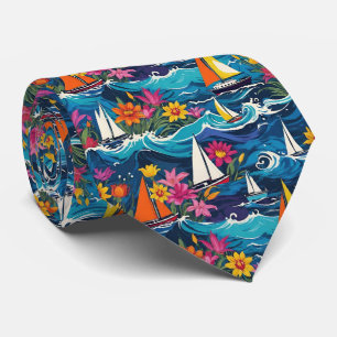 Sailboats in Ocean Waves Tropical Floral Tie