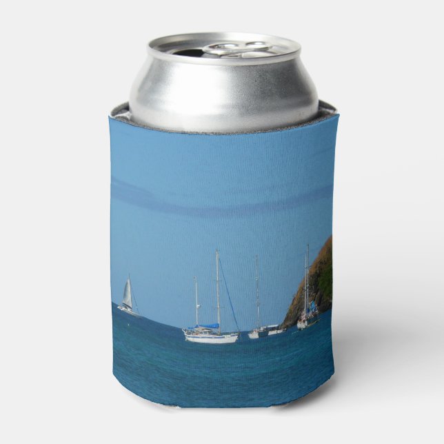 Sailboats in the Bay White and Blue Nautical Can Cooler (Can Front)