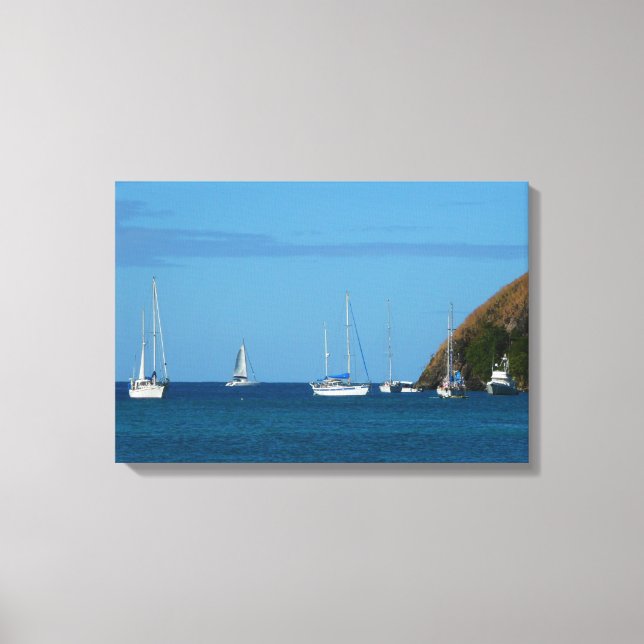 Sailboats in the Bay White and Blue Nautical Canvas Print (Front)