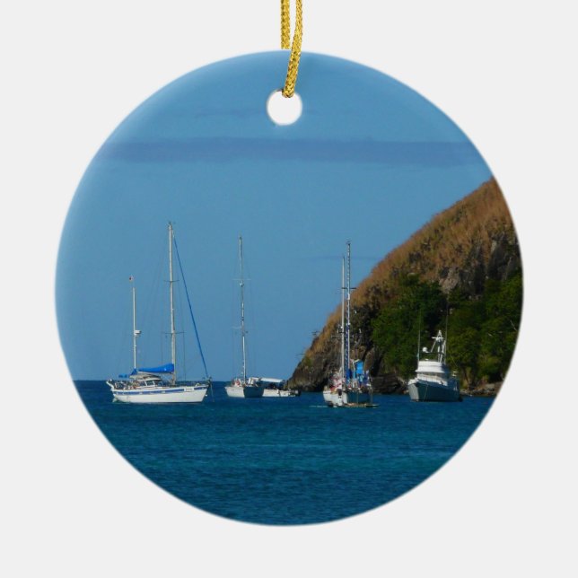 Sailboats in the Bay White and Blue Nautical Ceramic Tree Decoration (Front)