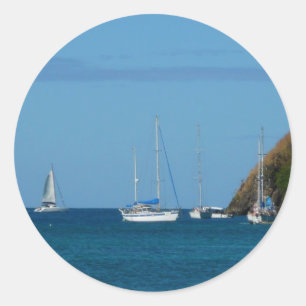 Sailboats in the Bay White and Blue Nautical Classic Round Sticker