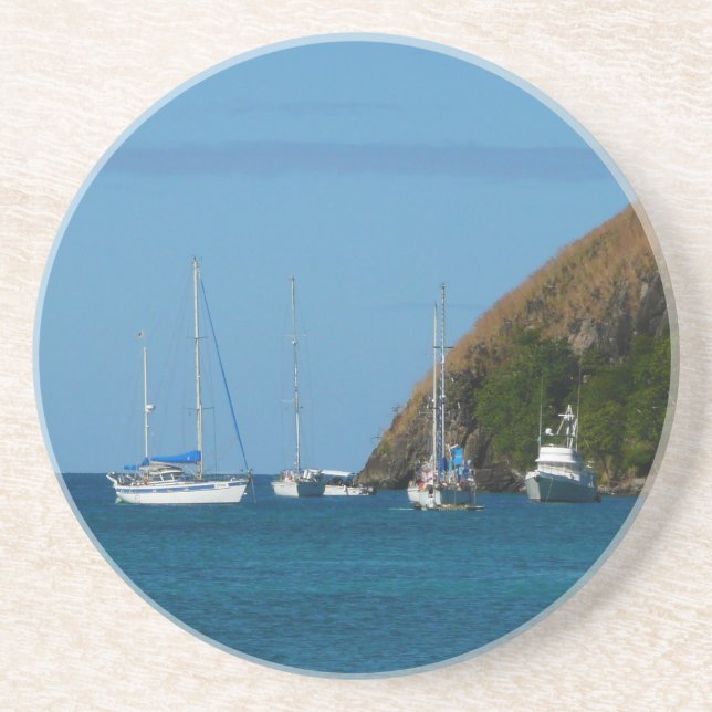 Sailboats in the Bay White and Blue Nautical Coaster (Front)