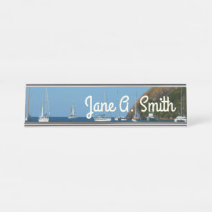 Sailboats in the Bay White and Blue Nautical Desk Name Plate