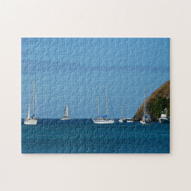Sailboats in the Bay White and Blue Nautical Jigsaw Puzzle (Horizontal)