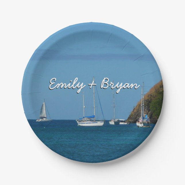 Sailboats in the Bay White and Blue Nautical Paper Plate (Front)