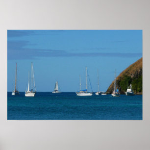 Sailboats in the Bay White and Blue Nautical Poster
