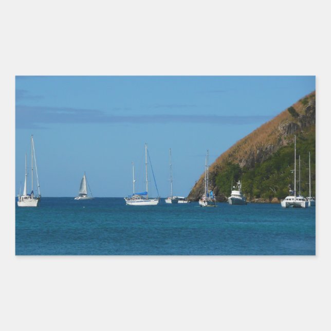 Sailboats in the Bay White and Blue Nautical Rectangular Sticker (Front)