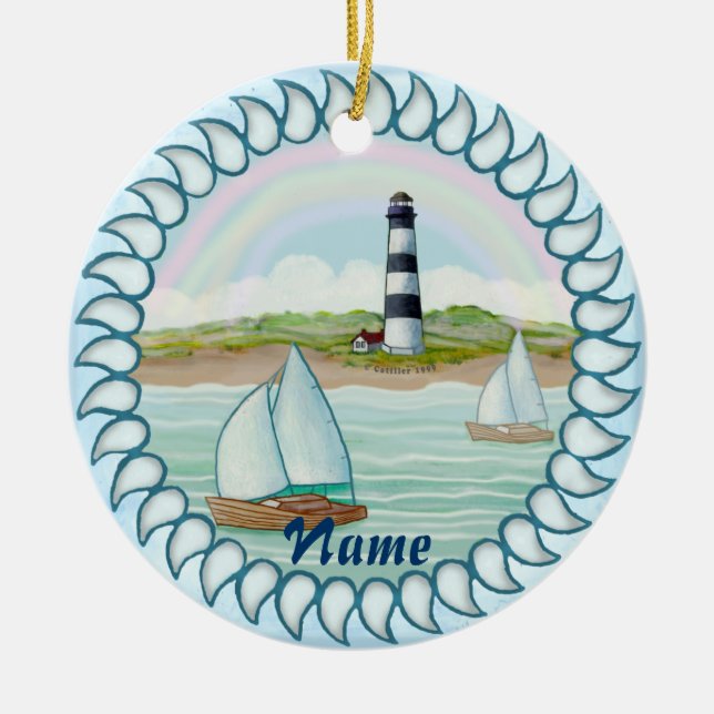 Sailboats Lighthouse custom name ornament (Front)