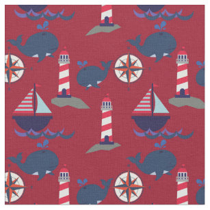 Sailboats, Lighthouses and Whales   Nautical Fabric