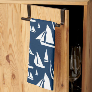 Sailboats Nautical Navy Blue Tea Towel