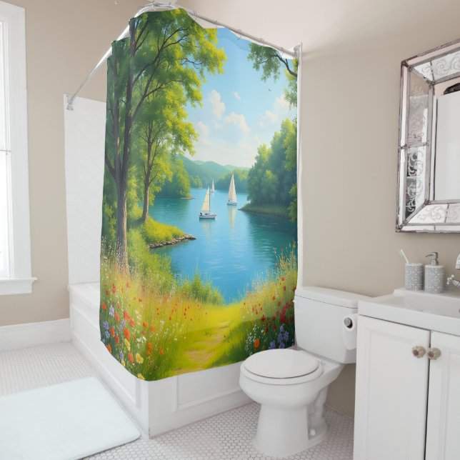 Sailboats on a beautiful lake  shower curtain (In Situ)
