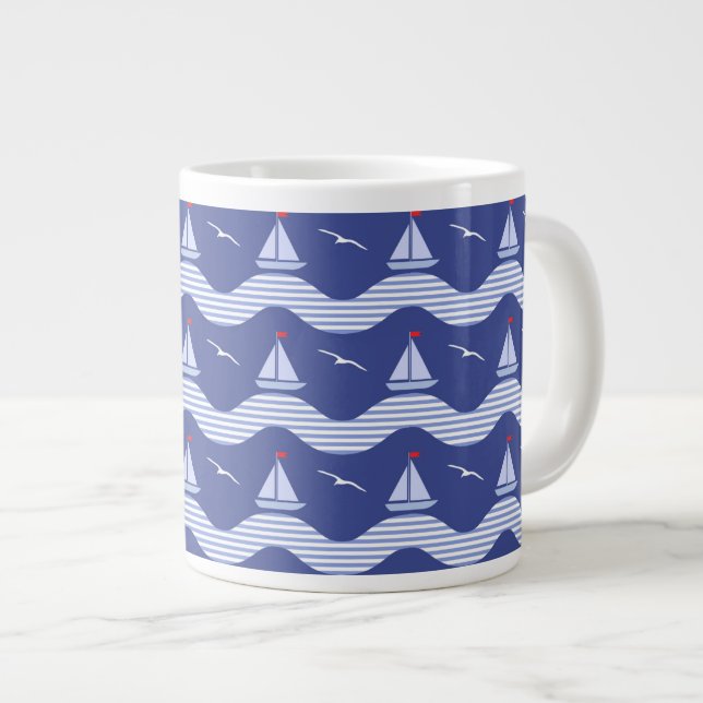 Sailboats On A Striped Sea Pattern Large Coffee Mug (Front Right)