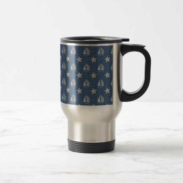 Sailboats on Blue Linen Travel Mug (Right)