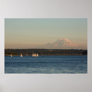 Sailboats On Lake Washington, With Mercer Island Poster